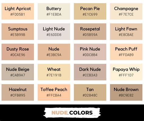 60 Shades of Nude Color with Names, Hex, RGB, & CMYK